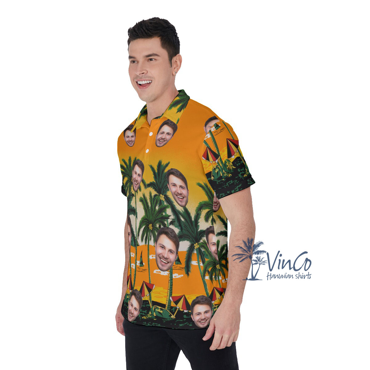 Yellow Custom Face Hawaiian Polo Shirt With Beach Palm Tree