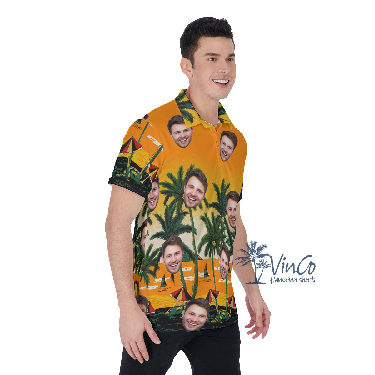 Yellow Custom Face Hawaiian Polo Shirt With Beach Palm Tree