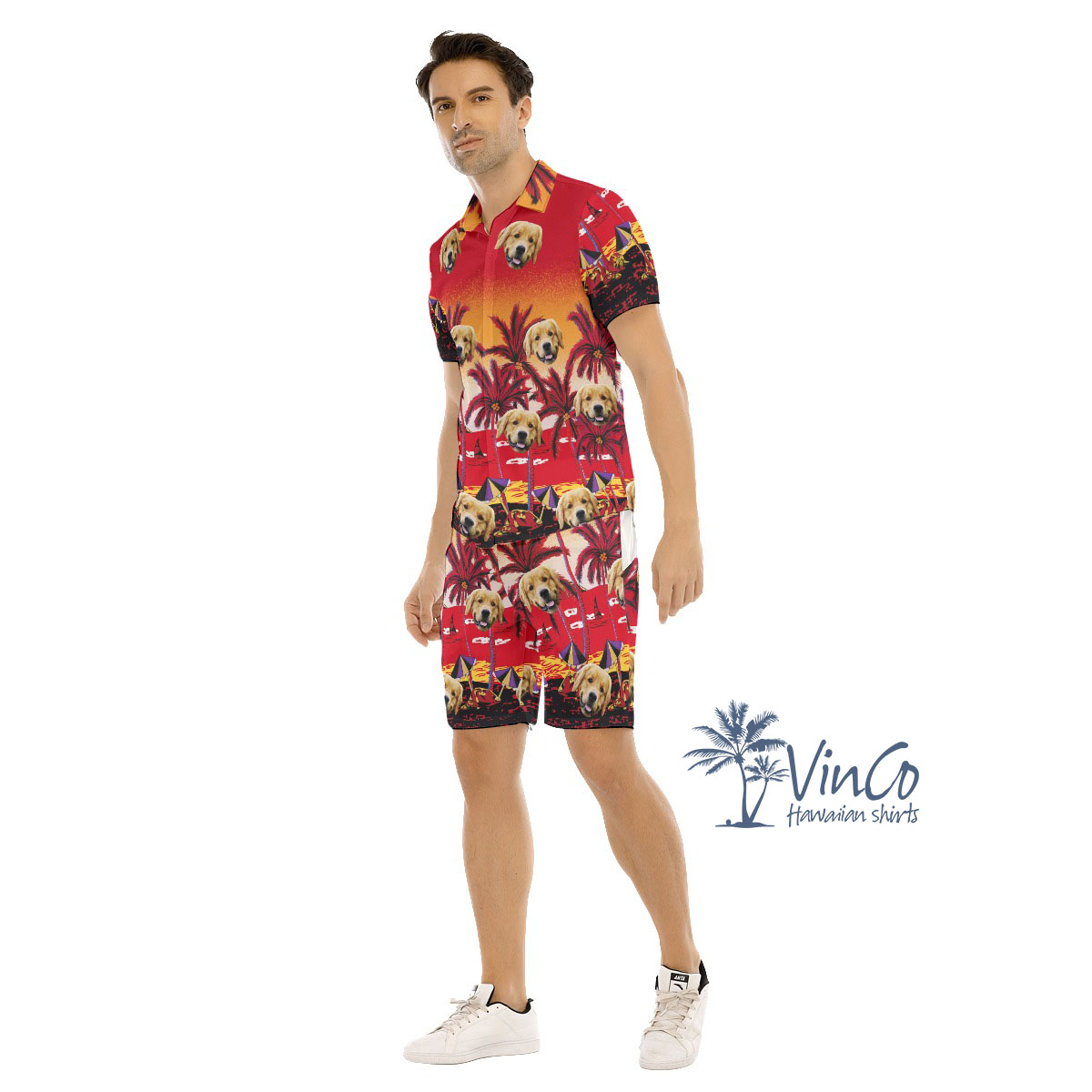 Sunset Beach Red Custom Hawaiian Shirt And Shorts Set With Face