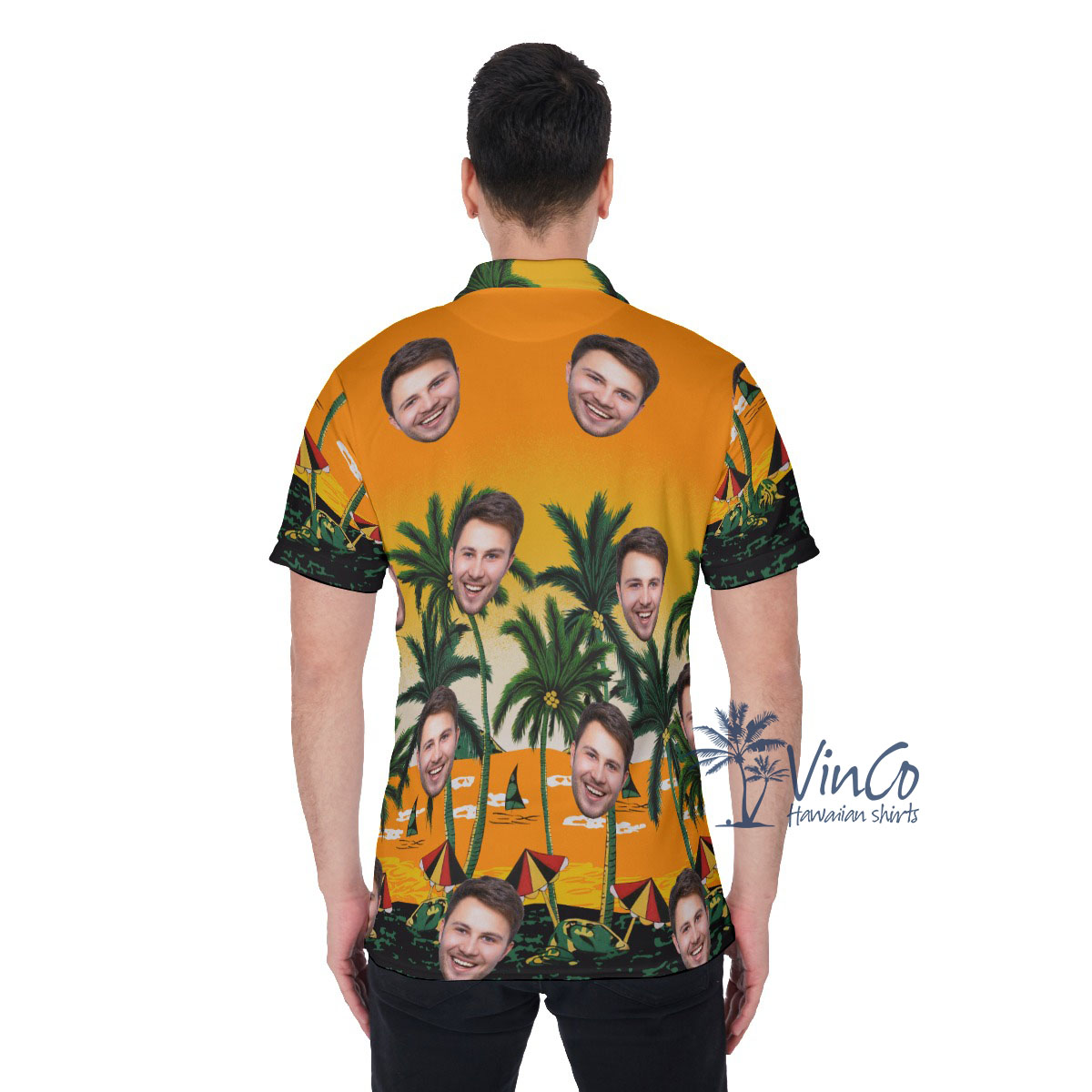 Yellow Custom Face Hawaiian Polo Shirt With Beach Palm Tree