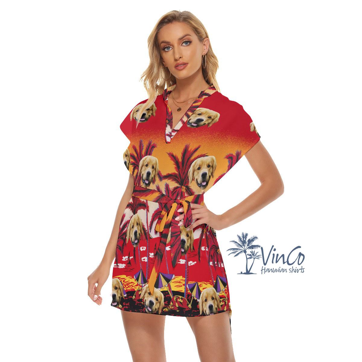 Sunset Beach Hawaiian Belted Women's Dress With Custom Face