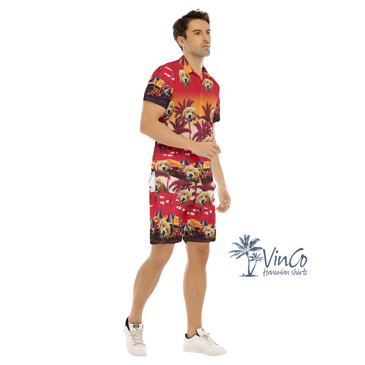 Sunset Beach Red Custom Hawaiian Shirt And Shorts Set With Face