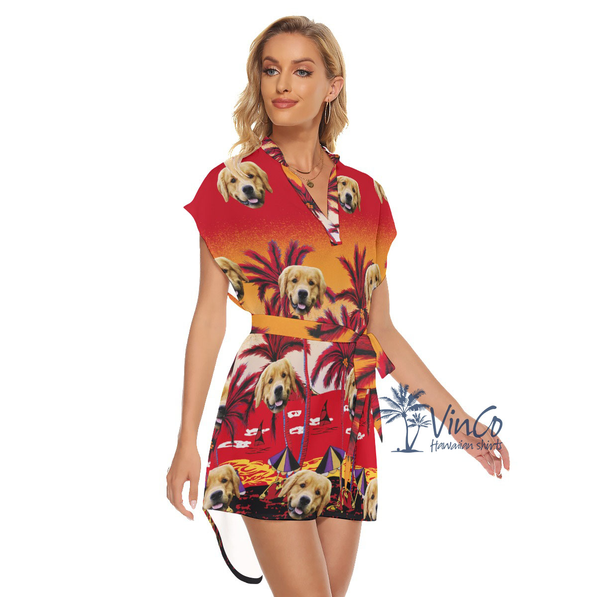 Sunset Beach Hawaiian Belted Women's Dress With Custom Face
