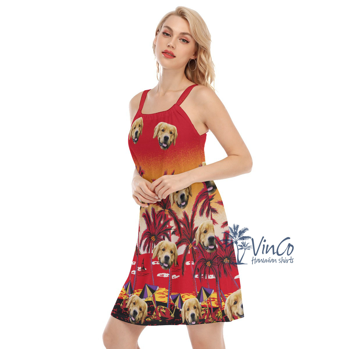 Sunset Beach Red Custom Women's Cami Dress With Face