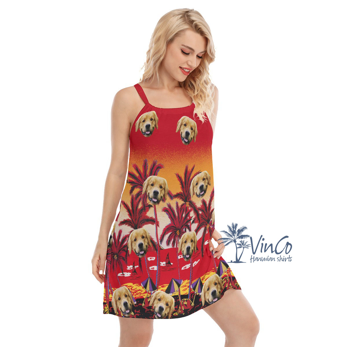 Sunset Beach Red Custom Women's Cami Dress With Face
