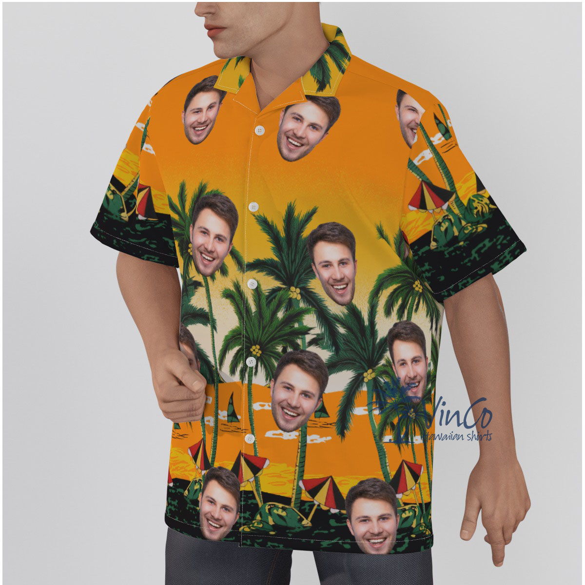 Yellow Custom Face Hawaiian Shirt With Beach Palm Tree