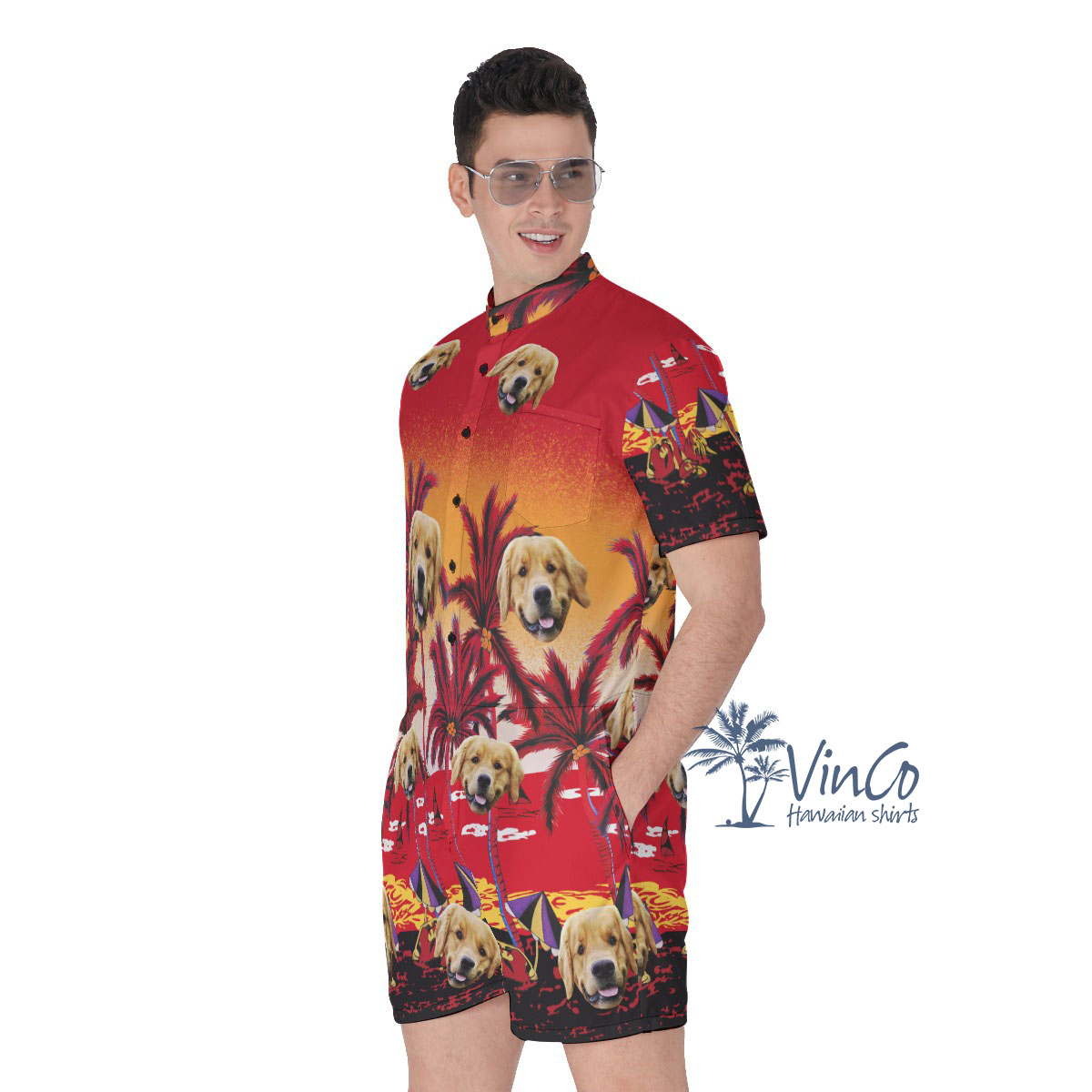 Sunset Beach Red Custom Hawaiian Romper With Multiple Faces
