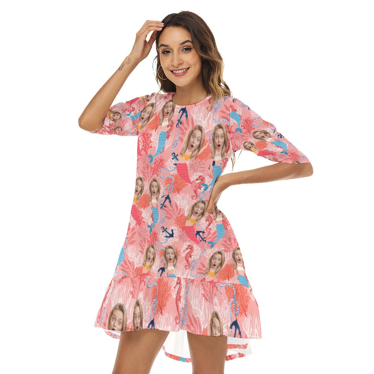 Funny Mermaid Custom Face Hawaiian Dress With Ruffle Hem