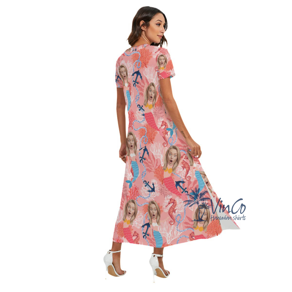 Funny Mermaid Custom Face Pink Hawaiian V-neck Dress With Side Slit