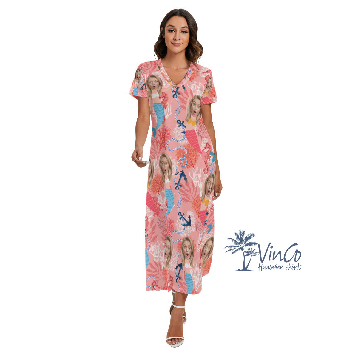 Funny Mermaid Custom Face Pink Hawaiian V-neck Dress With Side Slit