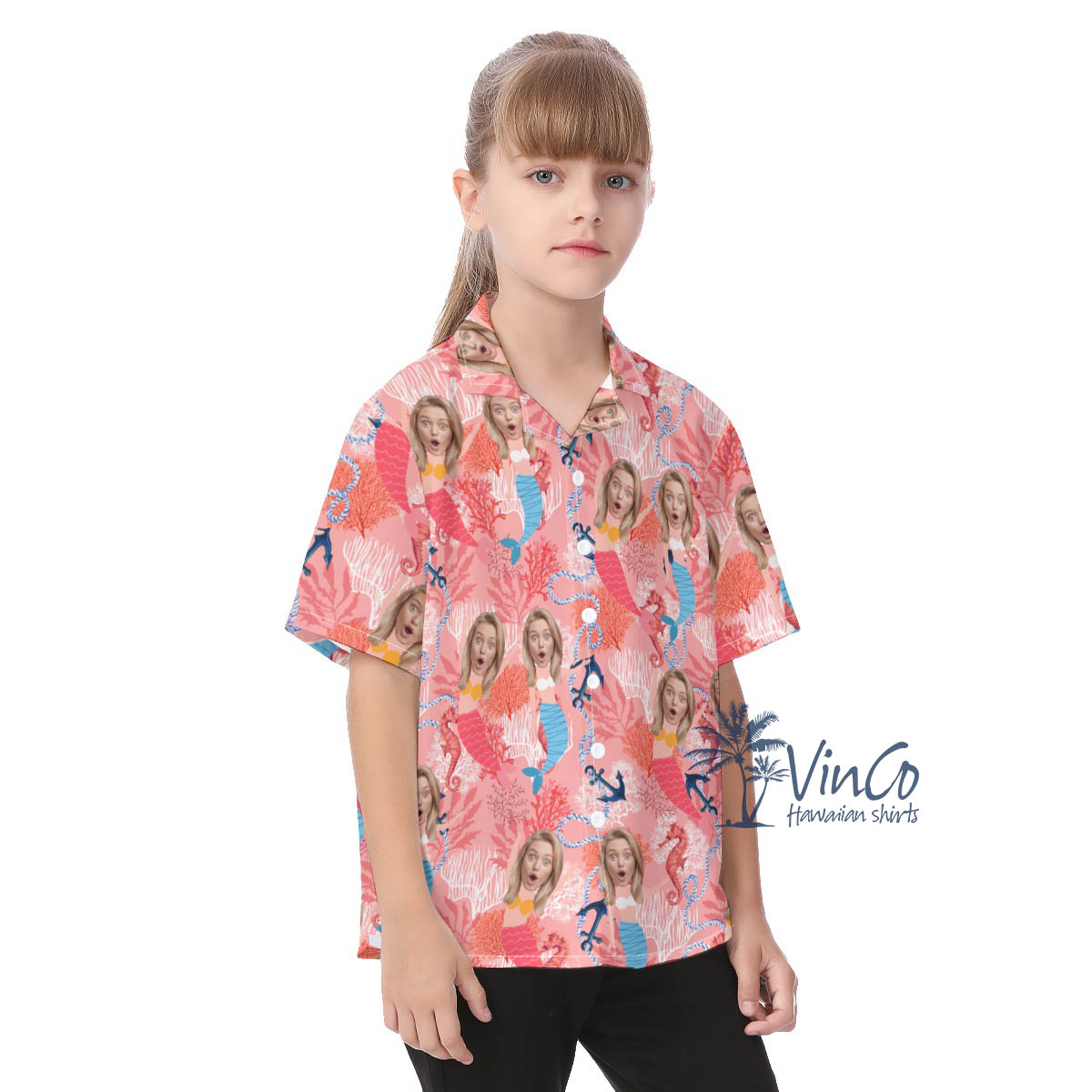 Cute Mermaid Pink Aloha Shirt For Kids With Custom Face