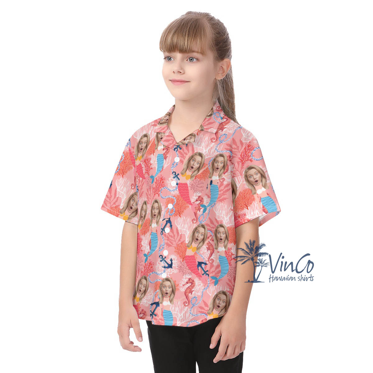 Cute Mermaid Pink Aloha Shirt For Kids With Custom Face