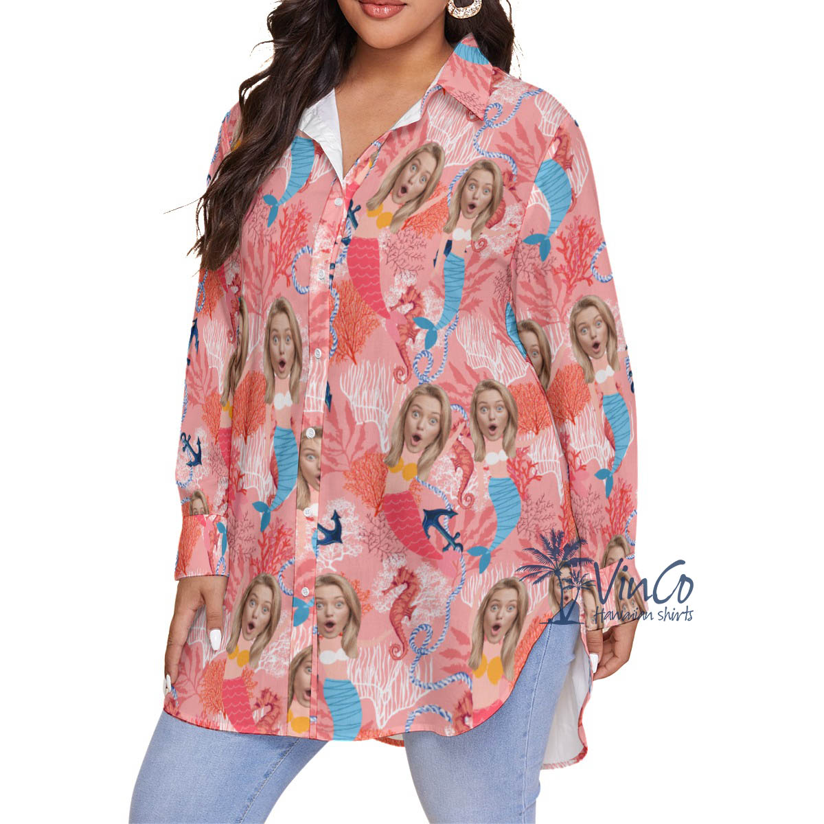 Funny Mermaid Pink Hawaiian Plus Size Shirt With Custom Face