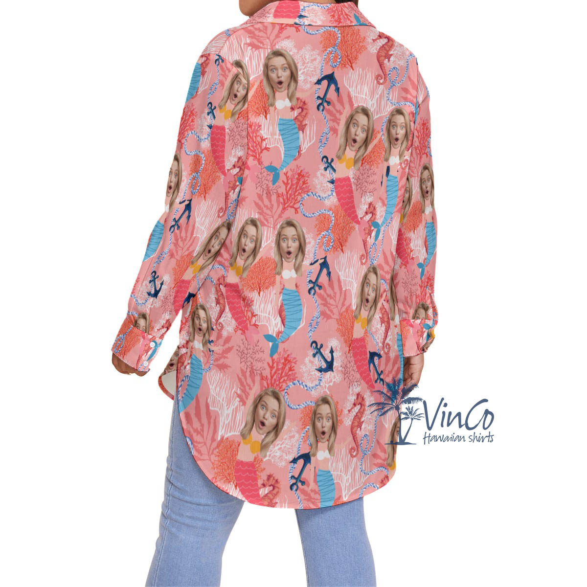 Funny Mermaid Pink Hawaiian Plus Size Shirt With Custom Face