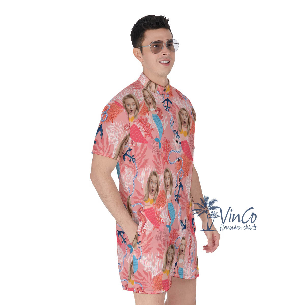 Funny Mermaid Custom Face Men's Hawaiian Romper For Summer