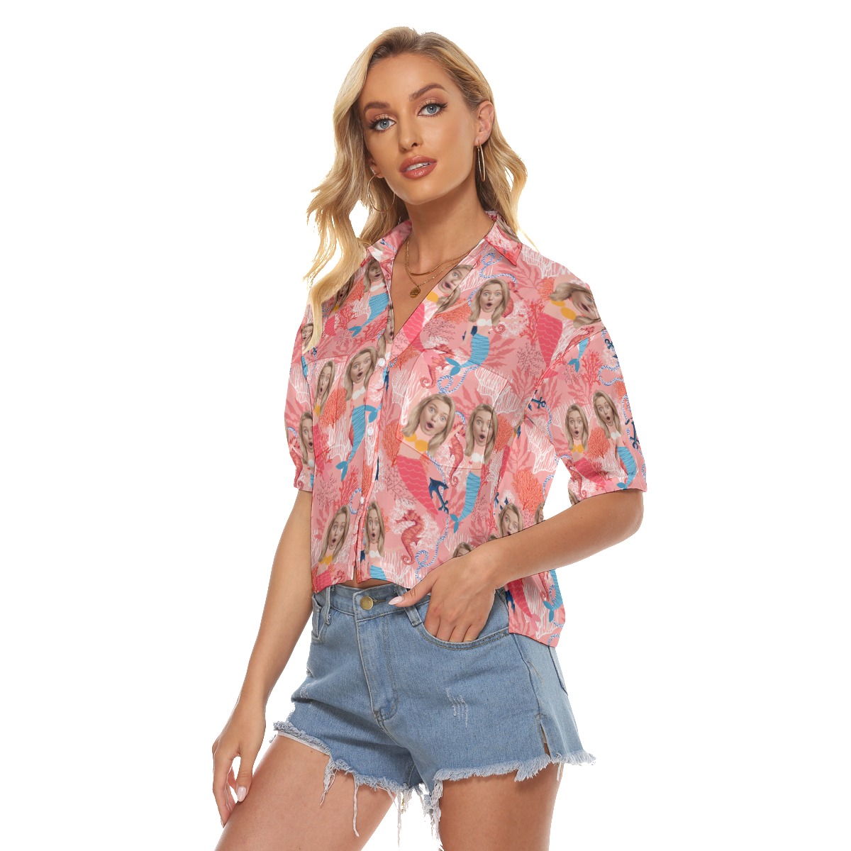 Funny Custom Face Mermaid Pink Hawaiian Cropped Shirt For Women