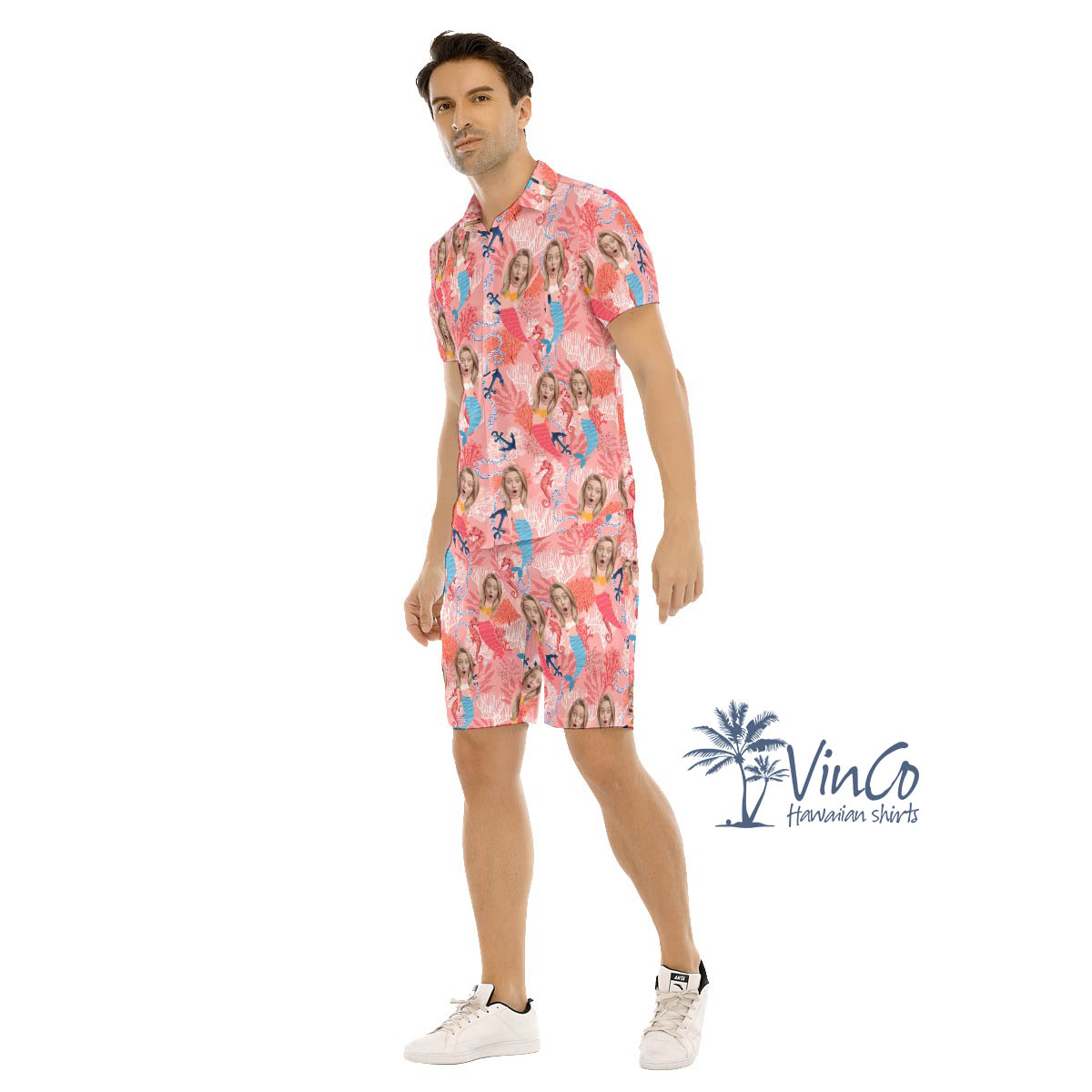 Set Custom Face Mermaid Hawaiian Shirt And Shorts For Men