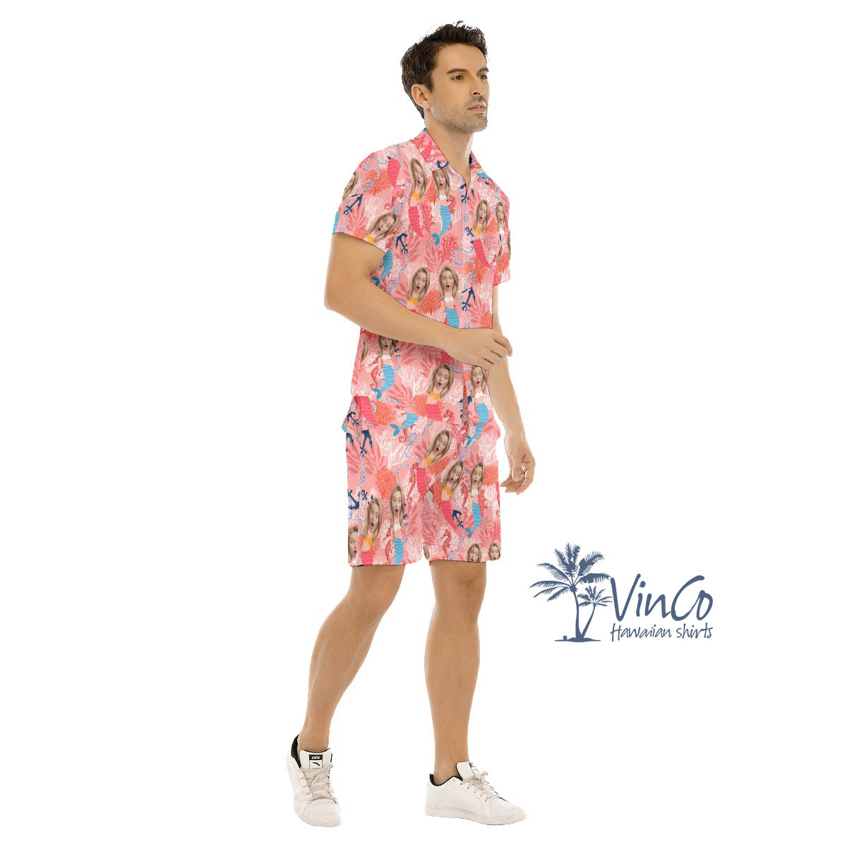 Set Custom Face Mermaid Hawaiian Shirt And Shorts For Men