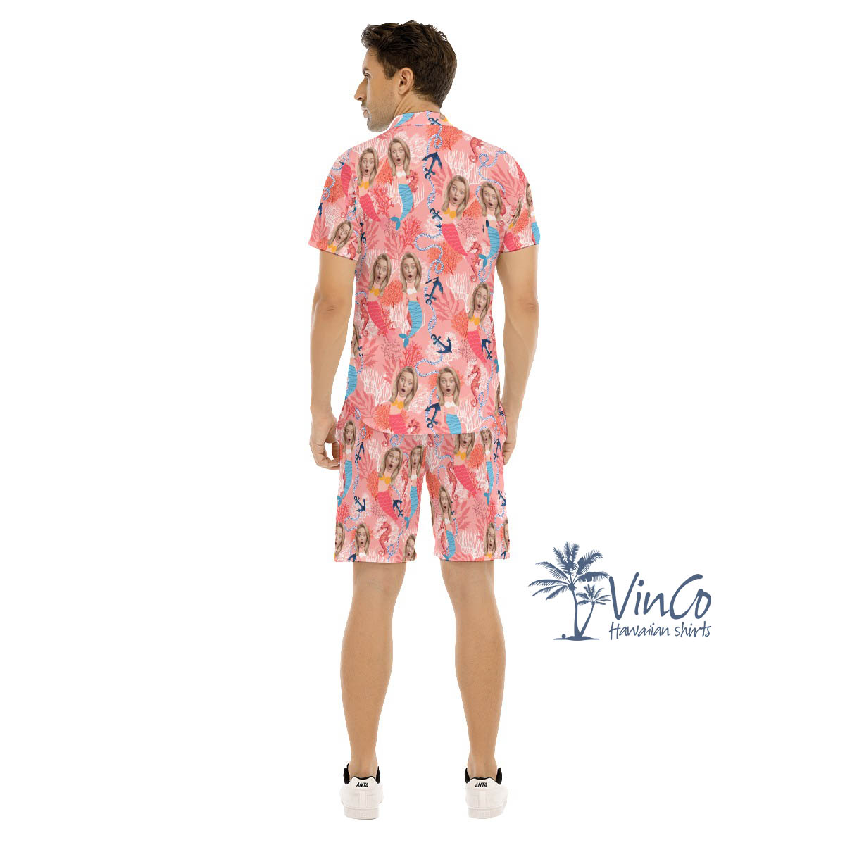 Set Custom Face Mermaid Hawaiian Shirt And Shorts For Men