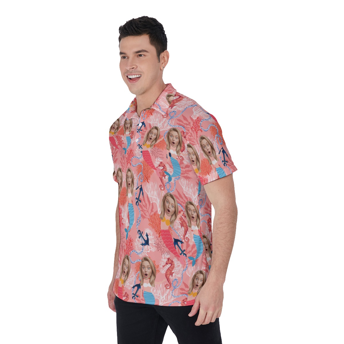 Funny Mermaid Custom Face Men's Hawaiian Polo Shirt