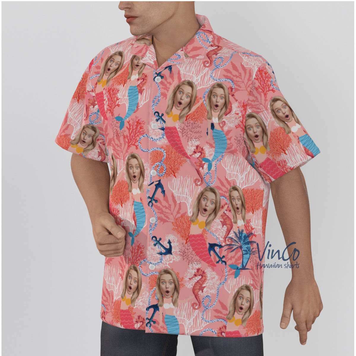 Funny Custom Face Mermaid Pink Hawaiian Shirt