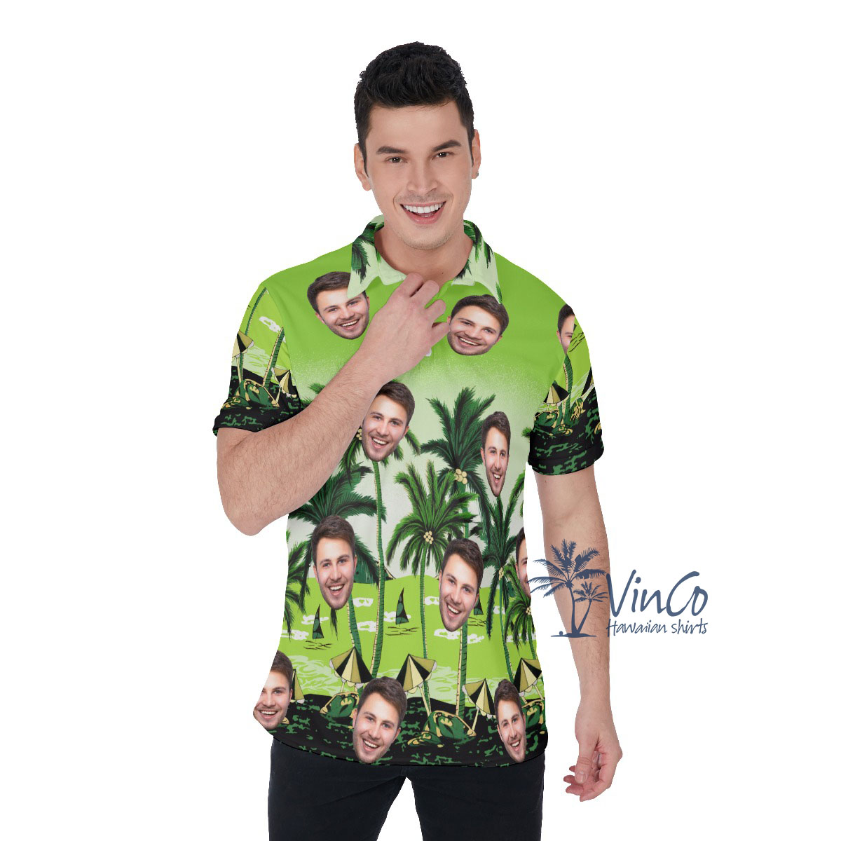 Custom Green Beach Hawaiian Polo Shirt With Multiple Faces - variant image 1