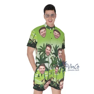 Green Beach Men's Hawaiian Romper With Multiple Faces