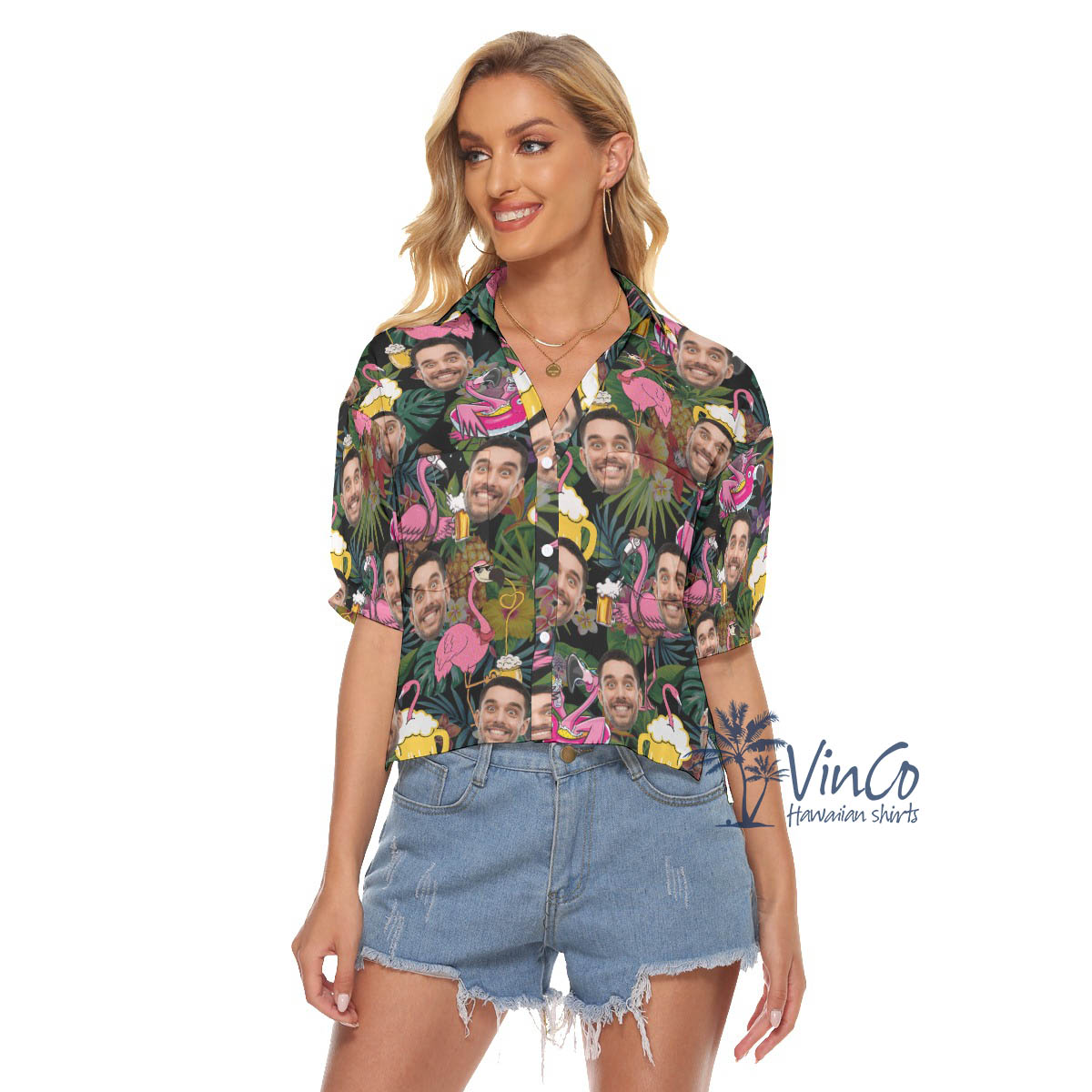 Funny Custom Face Flamingo Beer Hawaiian Cropped Shirt For Women - variant image 1