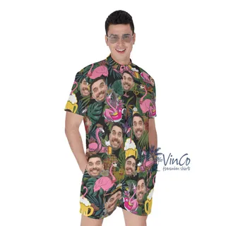 Tropical Flamingo Beer Custom Face Hawaiian Romper For Men