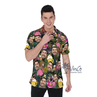 Tropical Flamingo Beer Custom Face Hawaiian Polo Shirt For Men