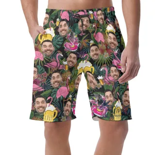 Funny Flamingo Beer Custom Face Hawaiian Beach Shorts For Summer