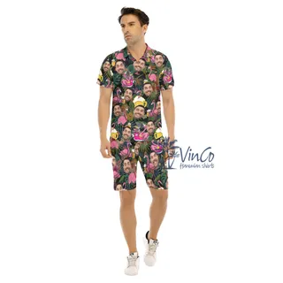 Funny Flamingo Beer Custom Face Hawaiian Shirt And Matching Shorts For Men