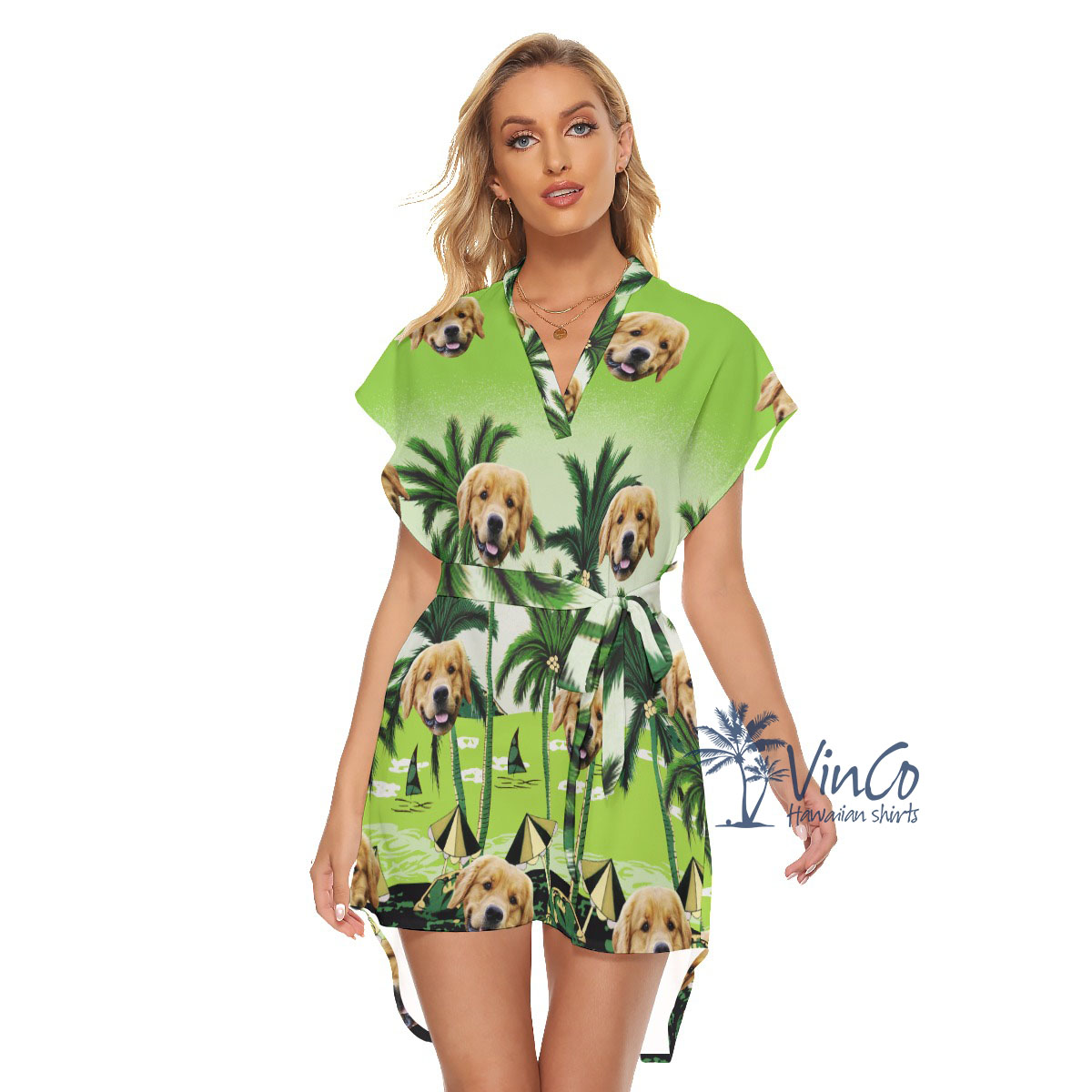 Custom Green Hawaiian Belt Dress With Dog Photo - variant image 1