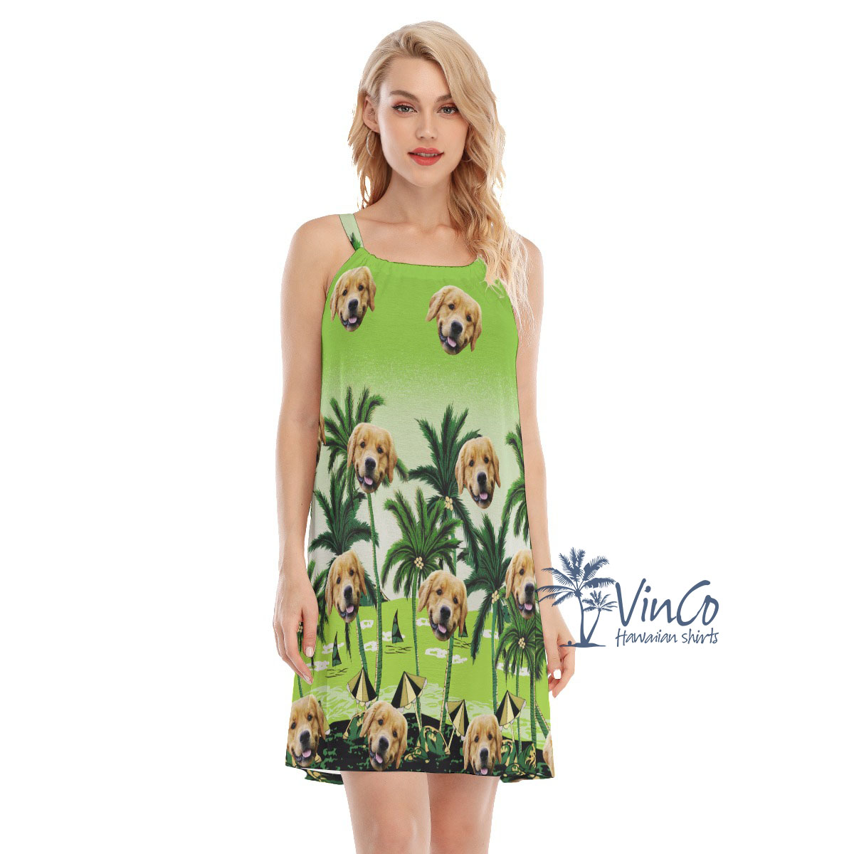 Custom Green Hawaiian Cami Dress With Multiple Dog Faces - variant image 1