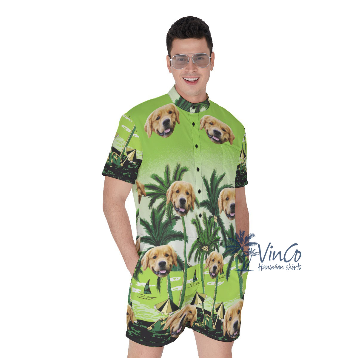 Custom Green Palm Men's Hawaiian Romper With Dog Faces - variant image 1