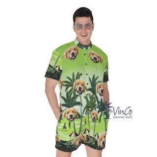 Custom Green Palm Men's Hawaiian Romper With Dog Faces