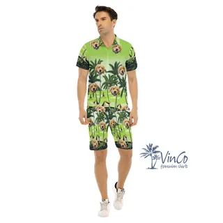 Custom Green Beach Men's Hawaiian Set With Dog Faces