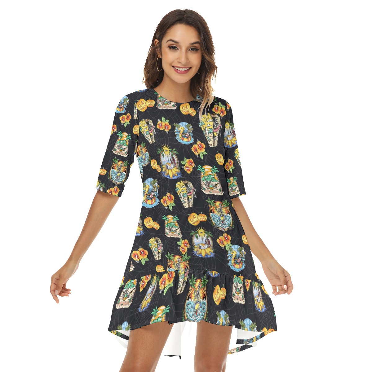 Funny Skeleton Vacation Summer Hawaiian Dress With Ruffle Hem - variant image 1