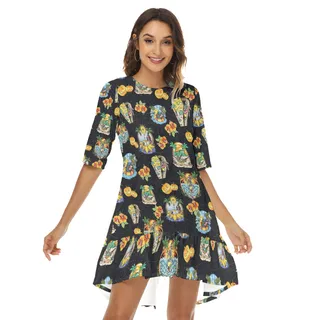 Funny Skeleton Vacation Summer Hawaiian Dress With Ruffle Hem