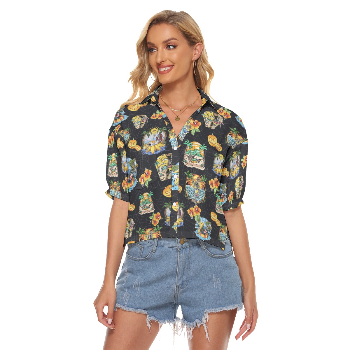 Funny Skeleton Vacation Hawaiian Cropped Shirt For Women - variant image 1