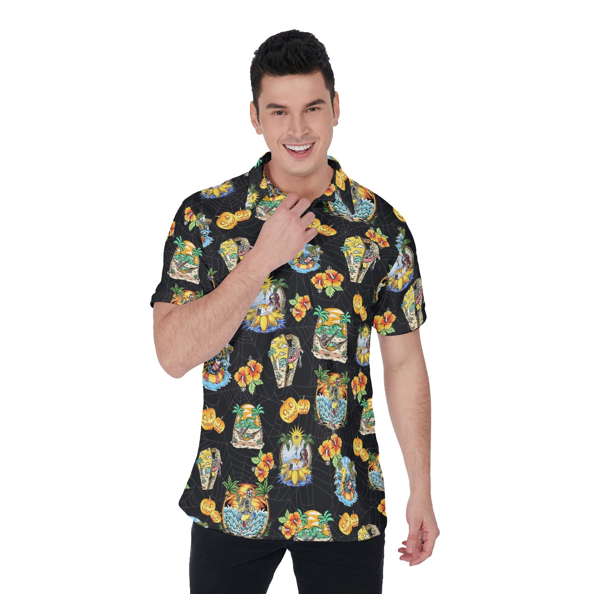 Horror Skeleton Vacation Black Hawaiian Polo Shirt - variant image 1