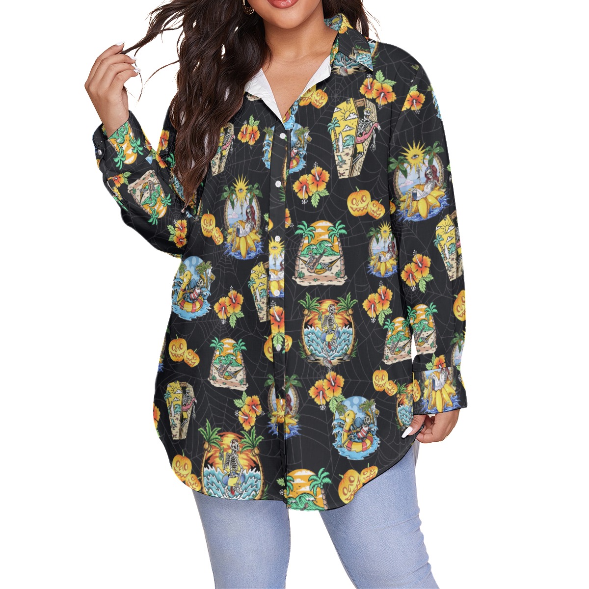 Skeleton Vacation Black Hawaiian Plus Size Shirt For Women - variant image 1