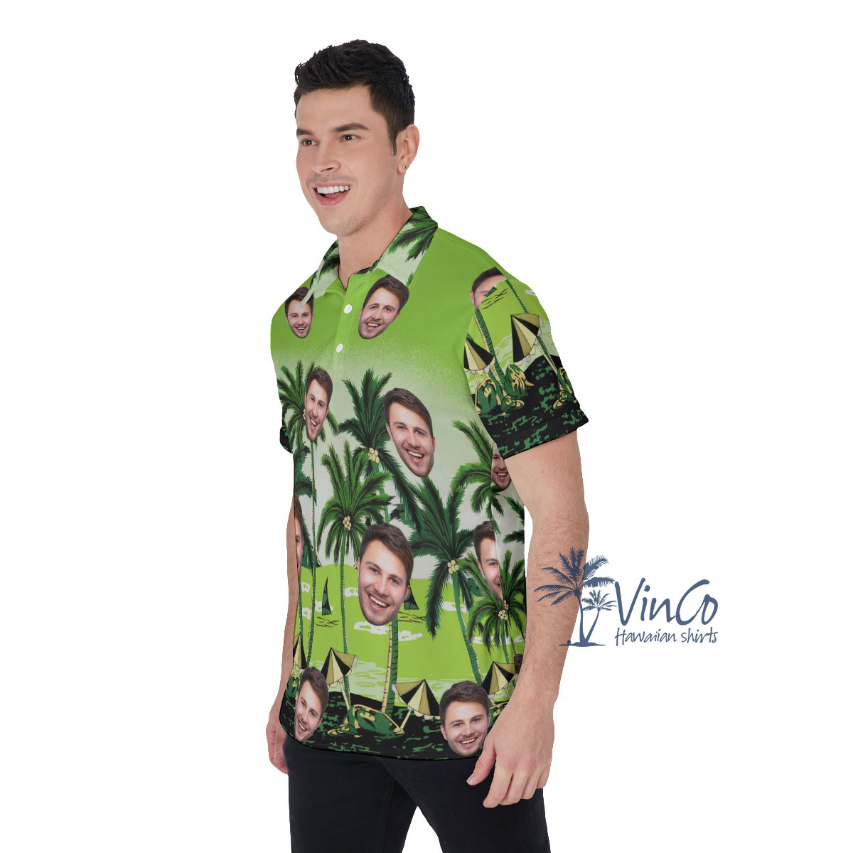 Custom Green Beach Hawaiian Polo Shirt With Multiple Faces