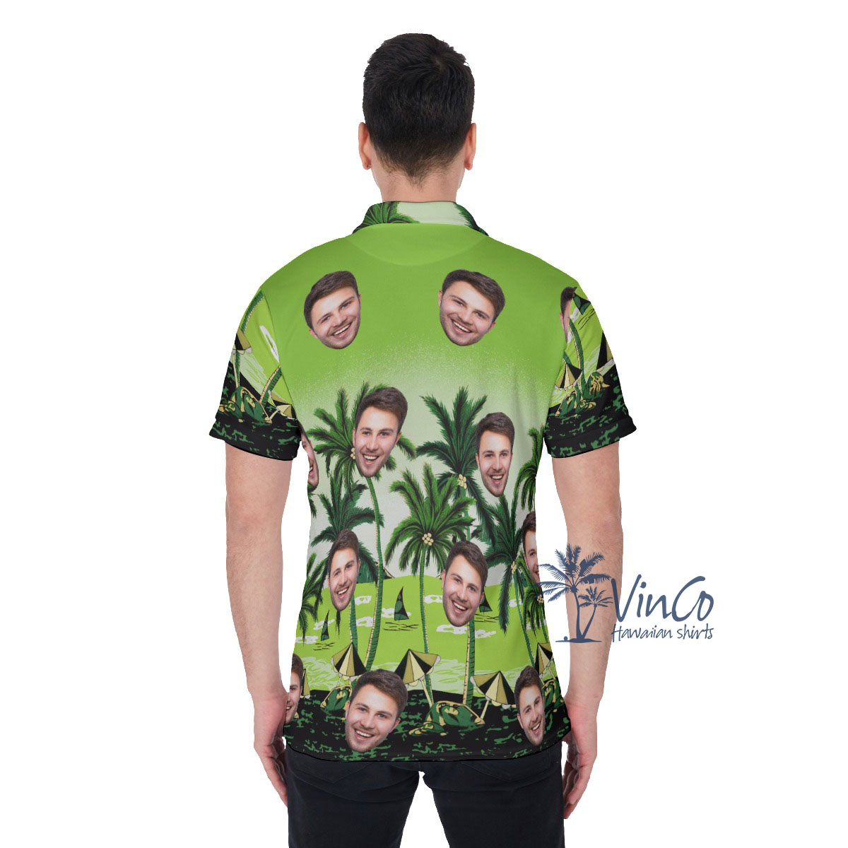 Custom Green Beach Hawaiian Polo Shirt With Multiple Faces