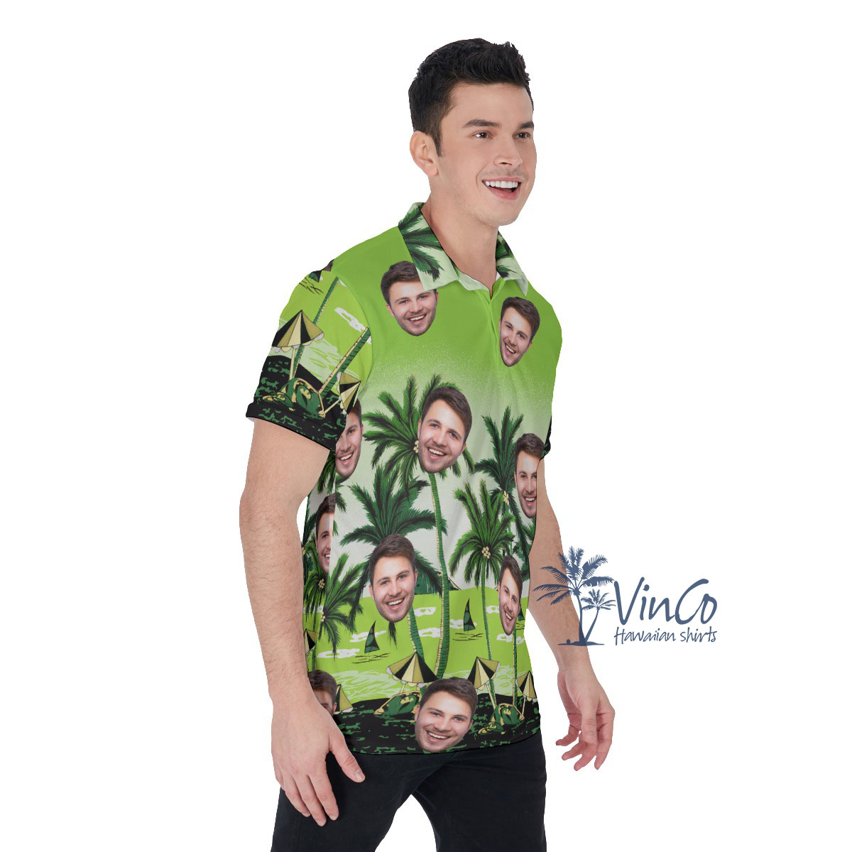 Custom Green Beach Hawaiian Polo Shirt With Multiple Faces