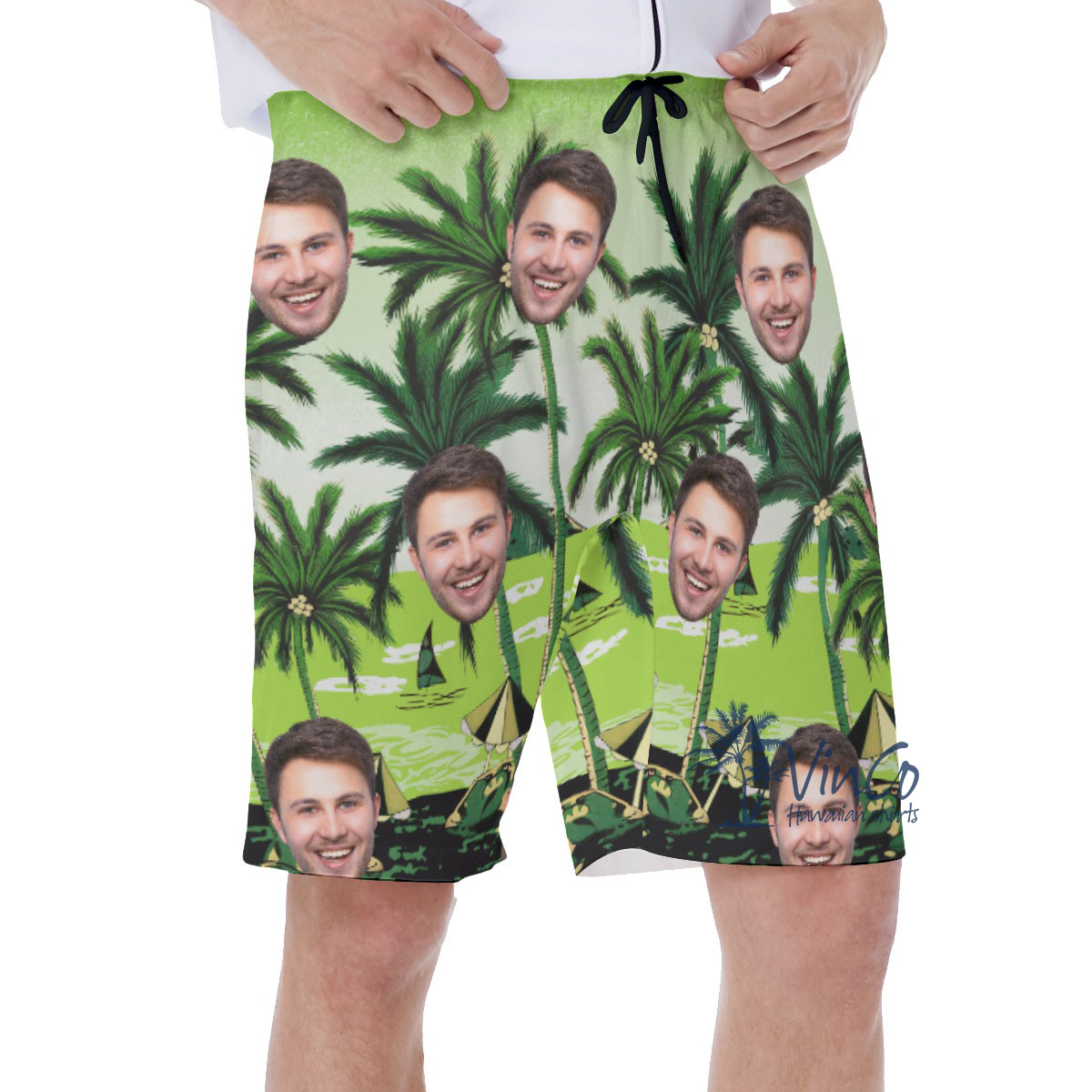 Green Custom Hawaiian Shorts With Multiple Faces