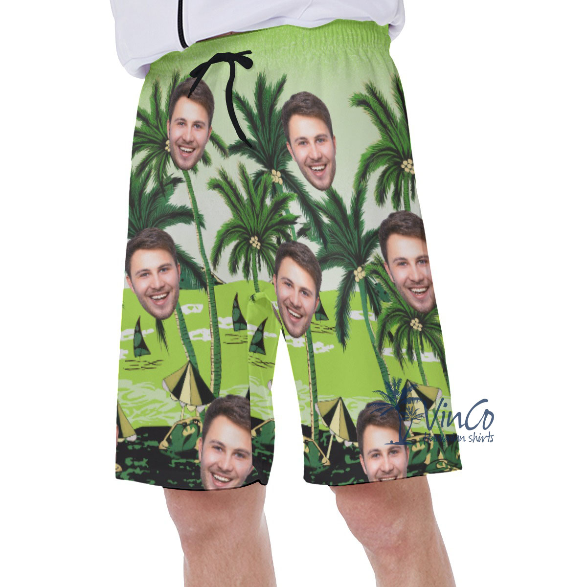 Green Custom Hawaiian Shorts With Multiple Faces