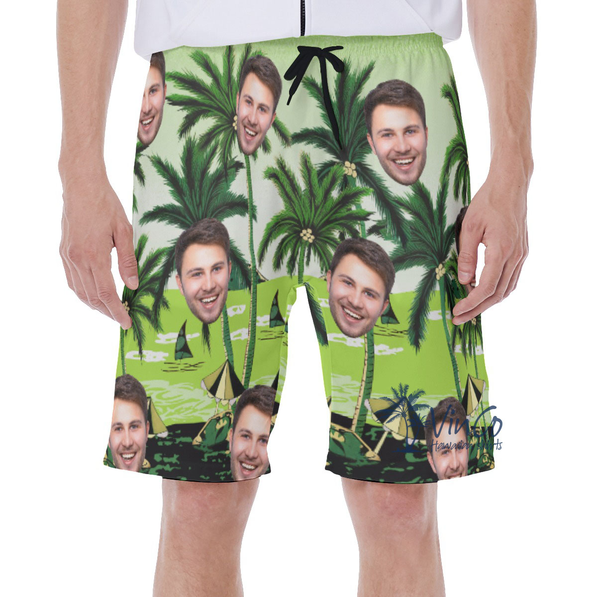 Green Custom Hawaiian Shorts With Multiple Faces