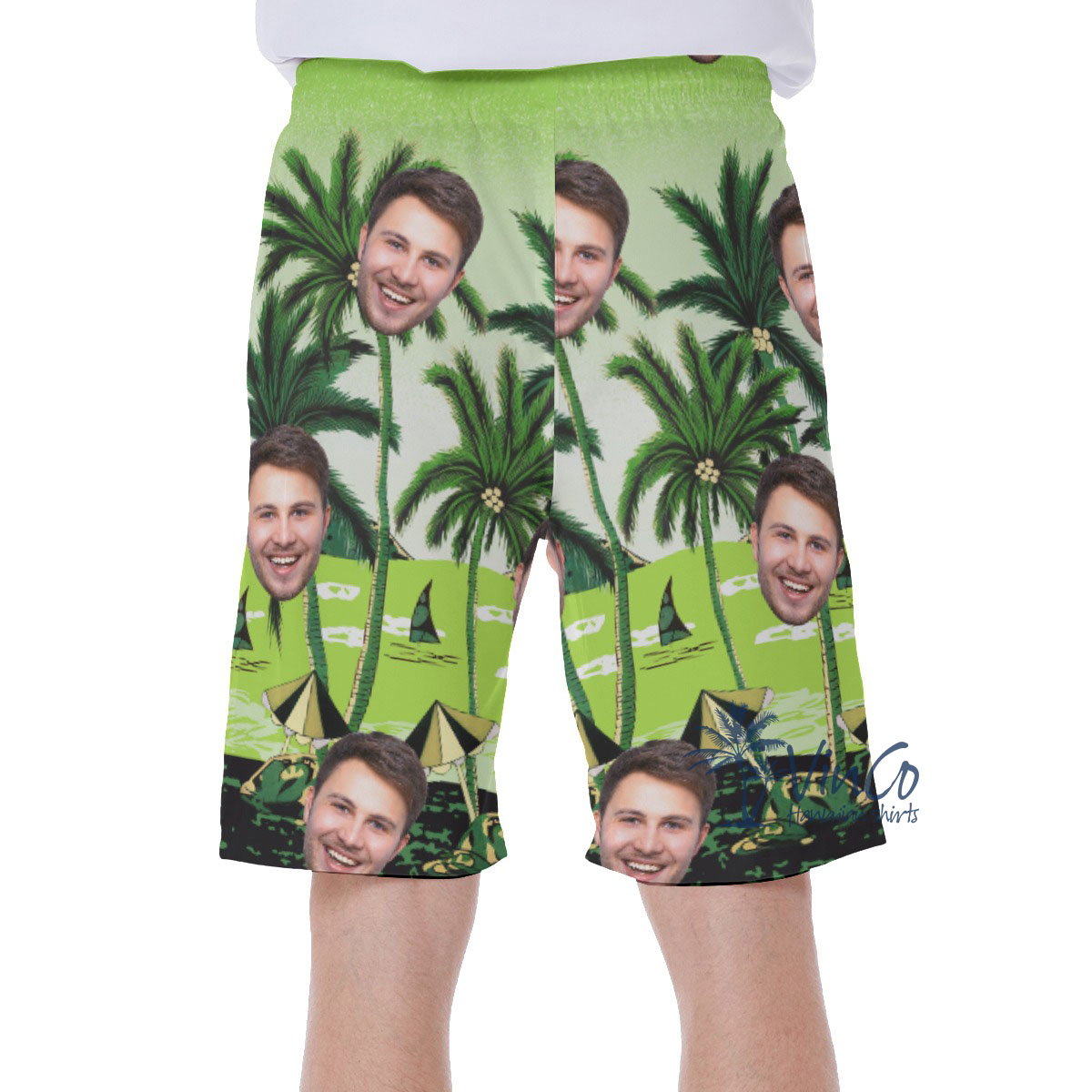 Green Custom Hawaiian Shorts With Multiple Faces