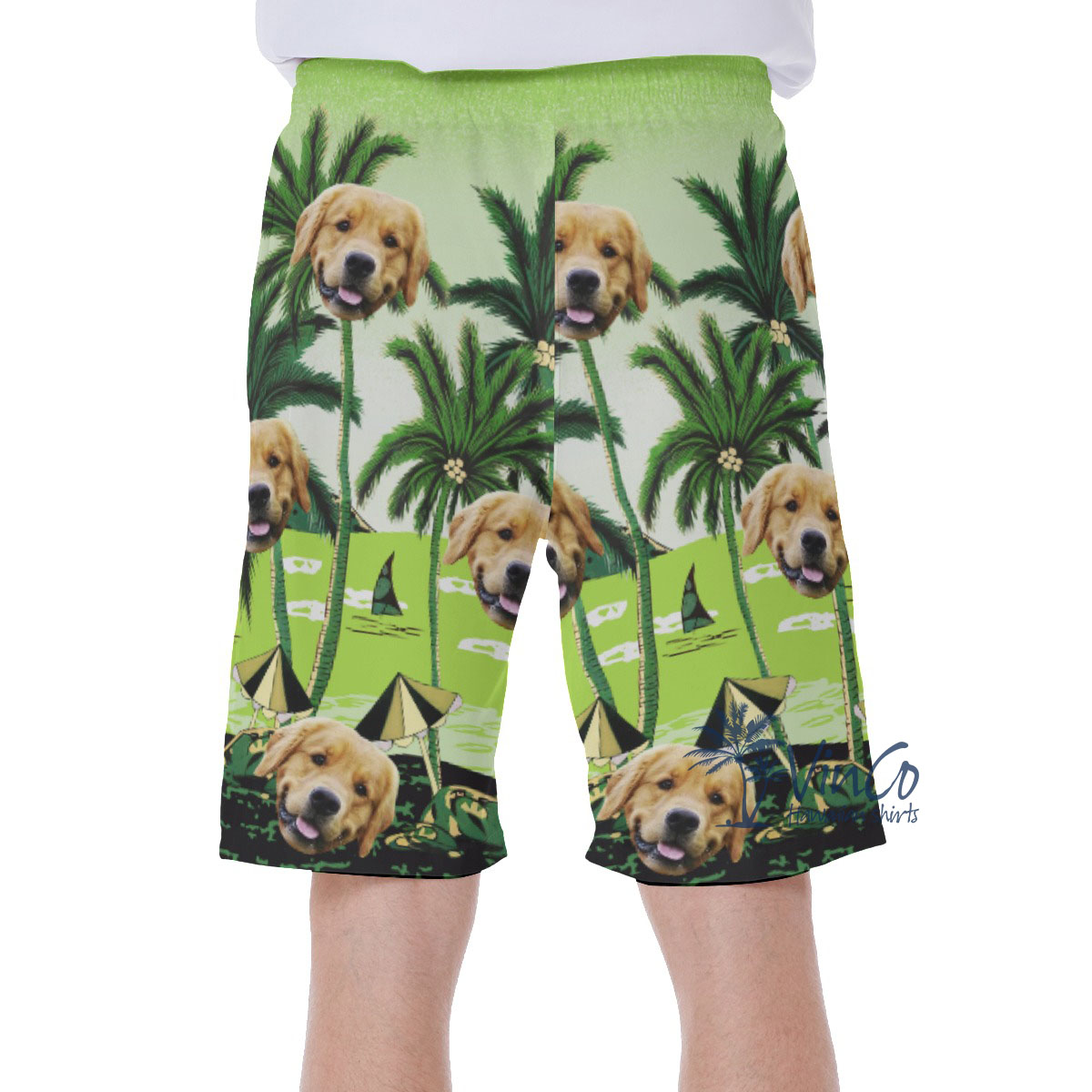 Custom Green Palm Men's Swim Trunks With Dog Faces